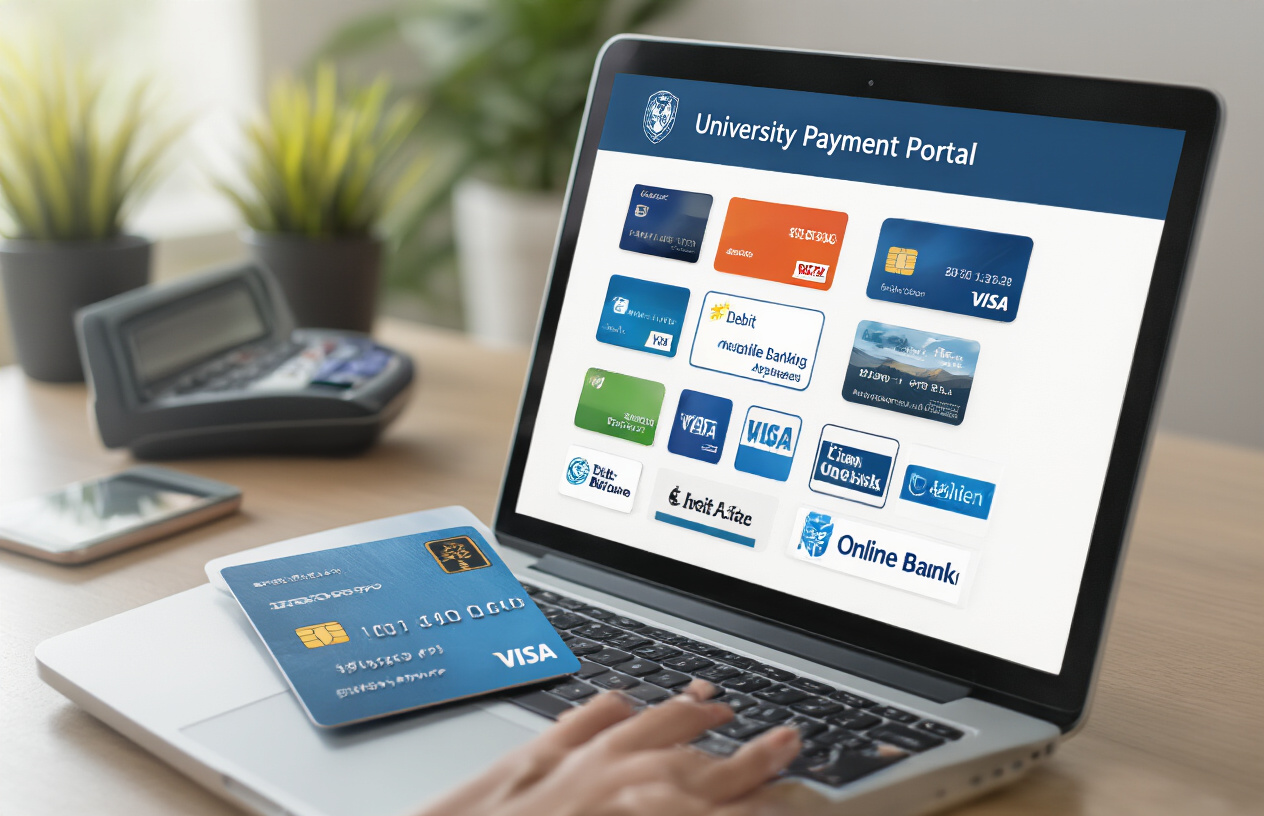 Create a realistic image of a modern digital payment interface showing multiple banking options including credit cards, debit cards, mobile banking apps, and online payment gateways arranged on a clean desk surface with a laptop computer displaying a university payment portal, complemented by various bank logos and payment method icons, set against a professional office background with soft natural lighting, conveying a secure and trustworthy financial transaction environment. Absolutely NO text should be in the scene.
