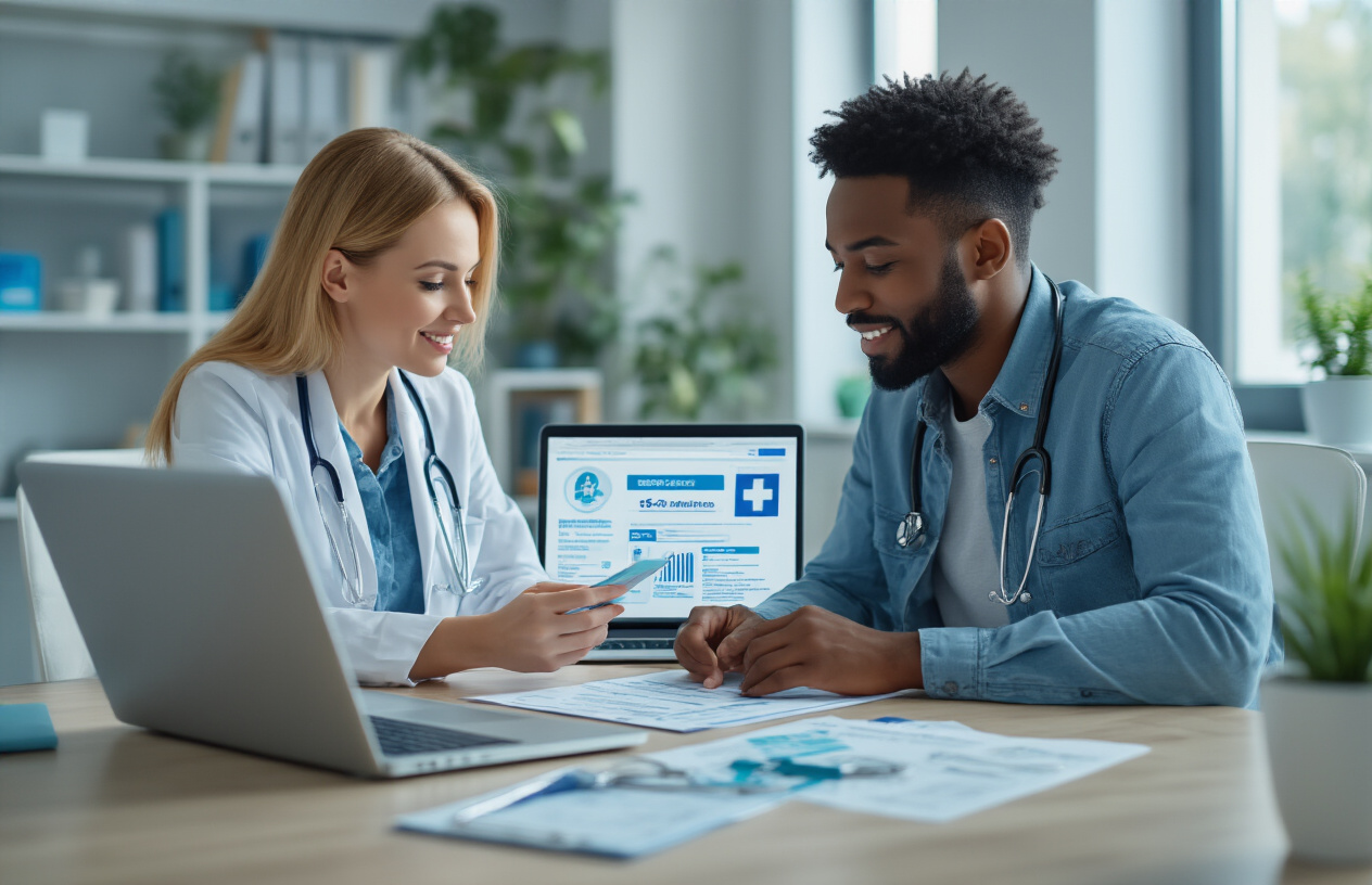 Create a realistic image of a diverse group of people including a white female and a black male sitting at a modern desk reviewing healthcare documents and insurance forms, with a laptop computer displaying healthcare marketplace interface, surrounded by medical symbols like a stethoscope and health insurance cards, bright professional office lighting, clean organized workspace with blue and green color scheme suggesting trust and healthcare, people appearing satisfied and engaged while comparing benefit options, Absolutely NO text should be in the scene.
