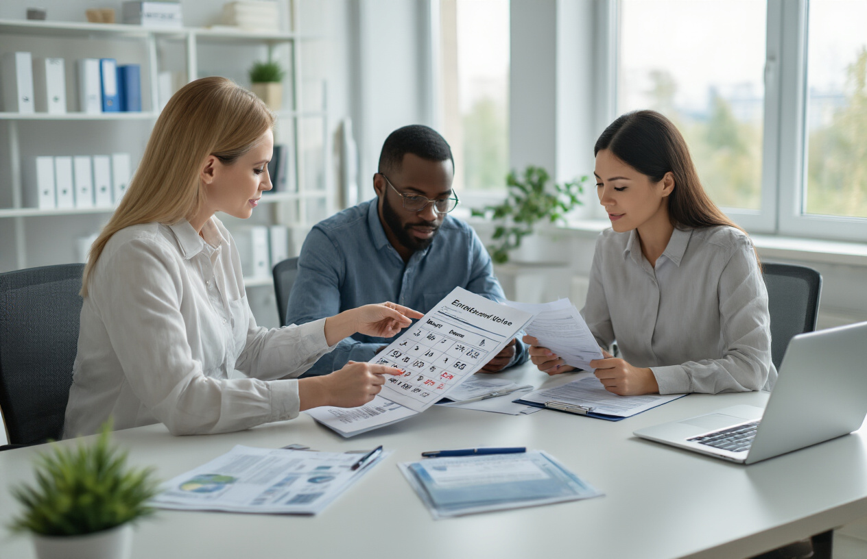 Create a realistic image of a diverse group of adults sitting at a modern office desk reviewing health insurance documents and forms, with a white female insurance agent pointing to a calendar showing enrollment dates, a black male client holding application papers, and an Asian female taking notes, set in a bright professional office environment with natural lighting from large windows, healthcare brochures and a laptop computer visible on the desk, conveying a helpful and informative atmosphere about insurance eligibility and enrollment processes, absolutely NO text should be in the scene.