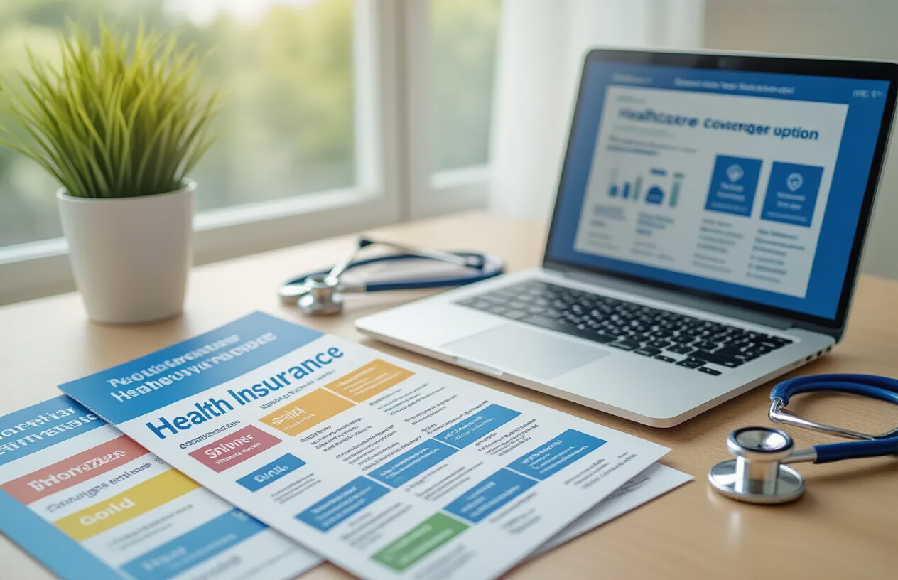 Create a realistic image of a clean, modern office desk with multiple colorful health insurance plan brochures and comparison charts spread out, showing different coverage tiers like bronze, silver, gold, and platinum plans with varying benefit levels, a laptop computer displaying healthcare coverage options, a stethoscope placed beside the documents, soft natural lighting from a window, professional business environment with neutral colors, absolutely NO text should be in the scene.