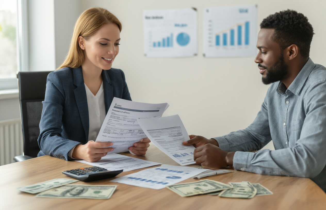Create a realistic image of a diverse group of people including a white female financial advisor and a black male client sitting at a modern office desk reviewing health insurance documents and forms, with a calculator, money bills, and medical icons visible on the desk, warm professional lighting, clean contemporary office background with charts on the wall showing cost savings graphs, conveying a helpful and supportive atmosphere for financial planning assistance, absolutely NO text should be in the scene.