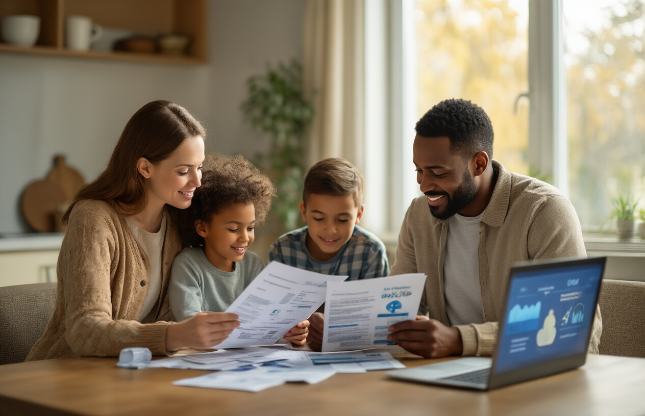 Create a realistic image of a diverse family including a white female, black male, and two children of mixed ethnicity sitting around a modern dining table reviewing health insurance documents and brochures, with a laptop displaying healthcare-related graphics open nearby, warm natural lighting streaming through a window, creating a sense of security and informed decision-making about healthcare coverage, absolutely NO text should be in the scene.