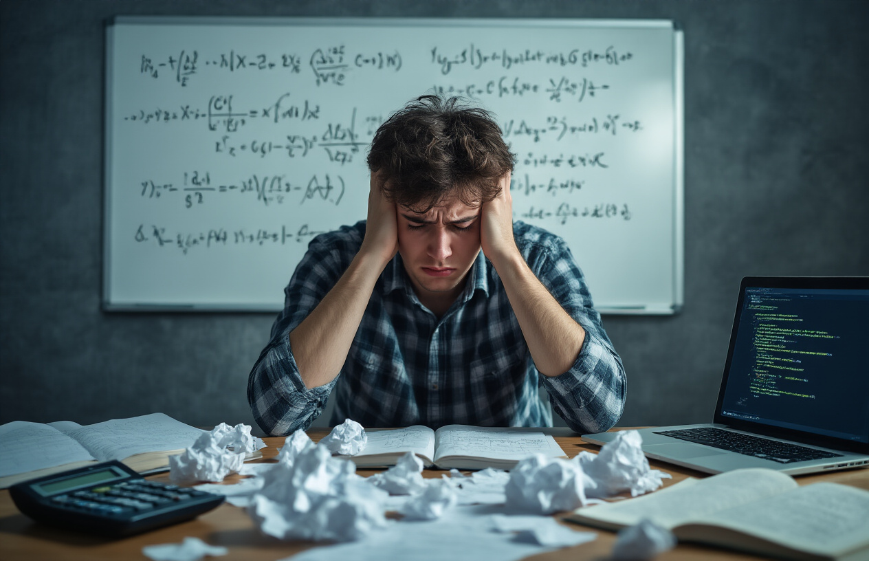Create a realistic image of a frustrated white male student sitting at a desk with crumpled papers scattered around, a calculator displaying an error message, mathematical equations and formulas written on a whiteboard in the background showing incorrect solutions, textbooks open to complex mathematical problems, a laptop screen showing computational errors, dim indoor lighting creating shadows that emphasize the challenging atmosphere, with the person holding his head in his hands showing confusion and difficulty with problem-solving, absolutely NO text should be in the scene.