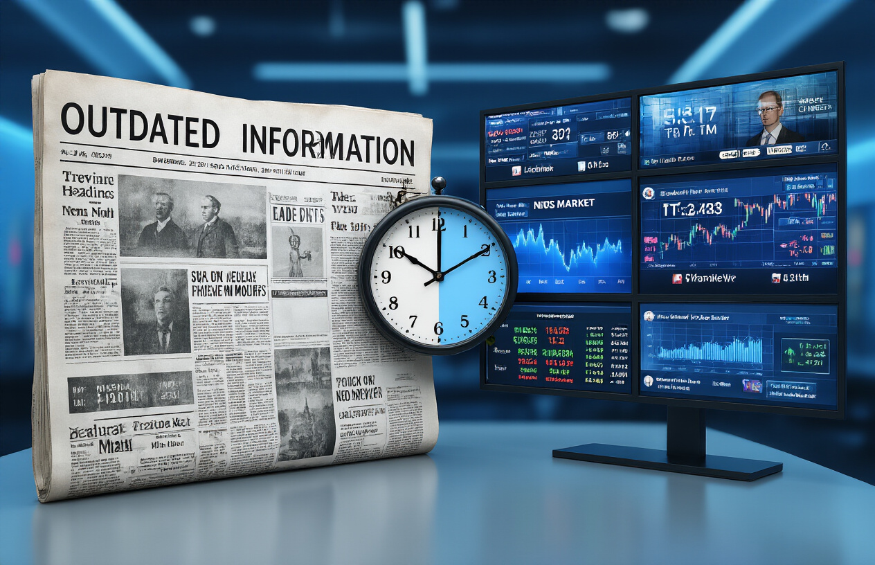 Create a realistic image of a split-screen composition showing outdated information on the left side with old newspaper headlines and calendar pages from previous months, and current real-time events on the right side featuring live news broadcasts on multiple screens, stock market tickers with moving numbers, and social media feeds updating in real-time, with a clock prominently displayed in the center showing different time zones, set against a modern newsroom background with soft blue lighting to emphasize the contrast between static and dynamic information, absolutely NO text should be in the scene.