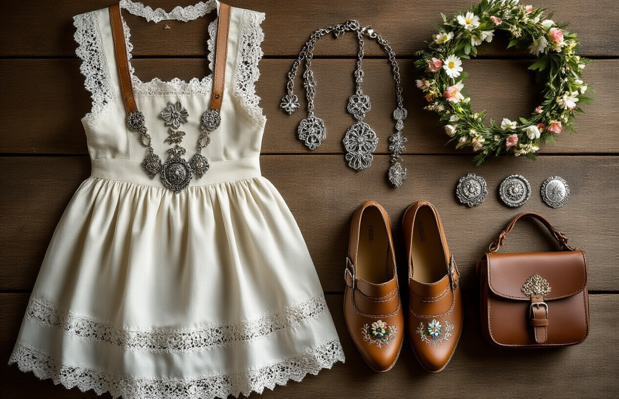 Create a realistic image of traditional dirndl accessories elegantly arranged on a rustic wooden surface, including a delicate white lace apron, ornate silver jewelry with alpine motifs, leather shoes with decorative buckles, a floral hair wreath, decorative brooches, and a small leather handbag, with soft natural lighting creating gentle shadows, warm and inviting atmosphere, absolutely NO text should be in the scene.