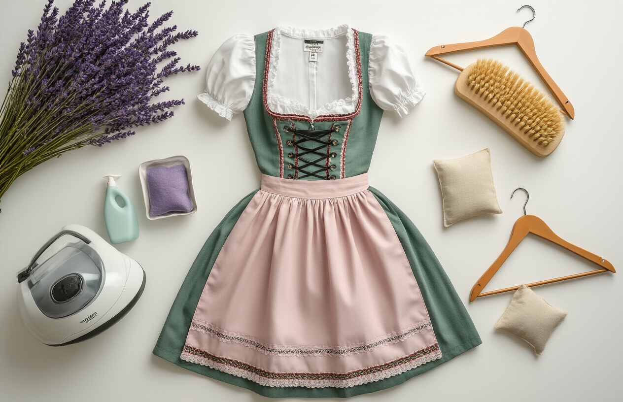Create a realistic image of a plus size dirndl dress laid flat on a clean white surface with careful maintenance items arranged nearby including a gentle fabric steamer, delicate detergent bottle, soft-bristled brush, wooden hangers, and lavender sachets, shot from above with soft natural lighting creating a professional care guide aesthetic, warm and inviting mood suggesting proper garment preservation, absolutely NO text should be in the scene.