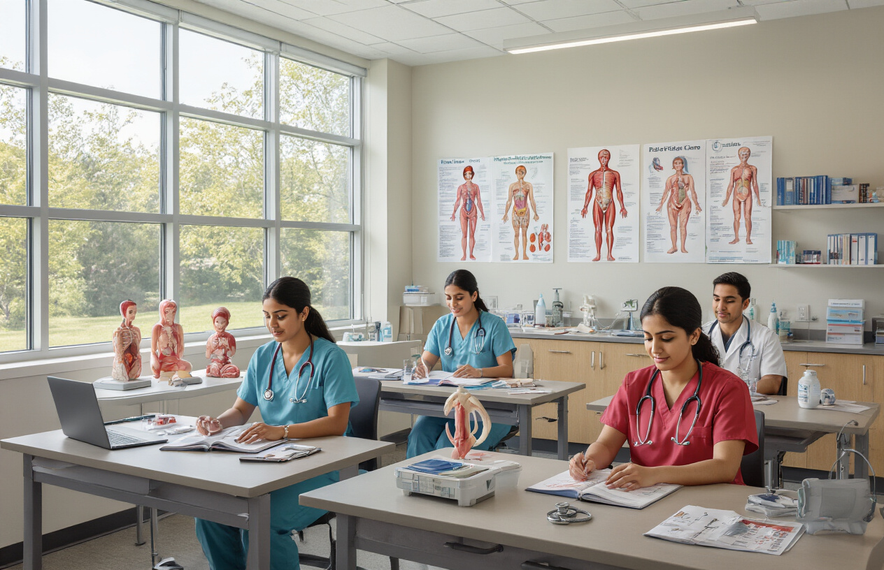 Create a realistic image of a modern nursing college classroom with diverse South Asian nursing students studying at desks with medical textbooks, anatomical models, and laptops, featuring medical equipment like stethoscopes and blood pressure monitors on tables, with educational posters of human anatomy on walls, bright natural lighting from large windows, and a professional academic atmosphere showcasing various nursing specialization materials including pediatric care charts and surgical instruments displayed on shelves, absolutely NO text should be in the scene.