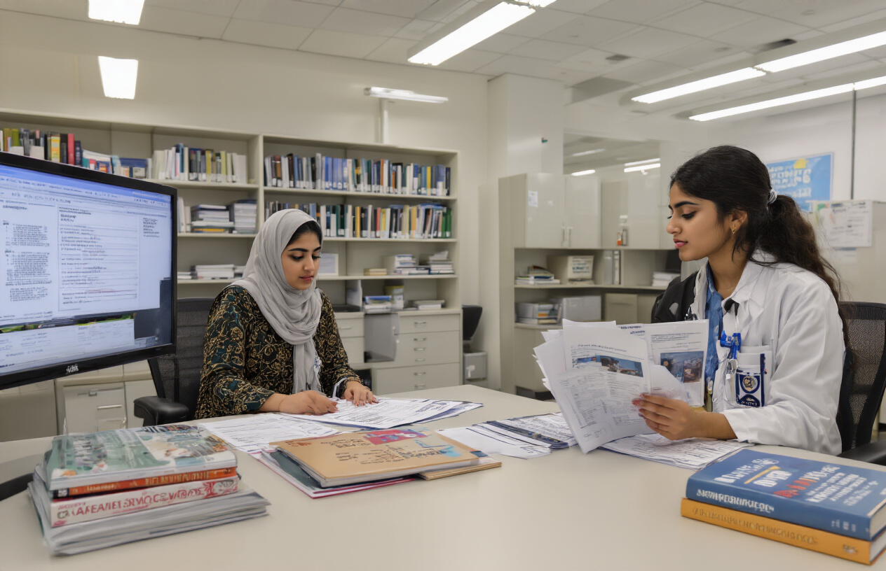 Create a realistic image of a modern college admissions office with a Pakistani female admissions counselor sitting at a desk reviewing application documents, with a young Pakistani female prospective nursing student sitting across from her holding admission forms, medical textbooks and nursing equipment visible on shelves in the background, bright fluorescent lighting creating a professional academic atmosphere, clean white walls with educational posters, filing cabinets containing student records, and a computer monitor displaying admission requirements, absolutely NO text should be in the scene.