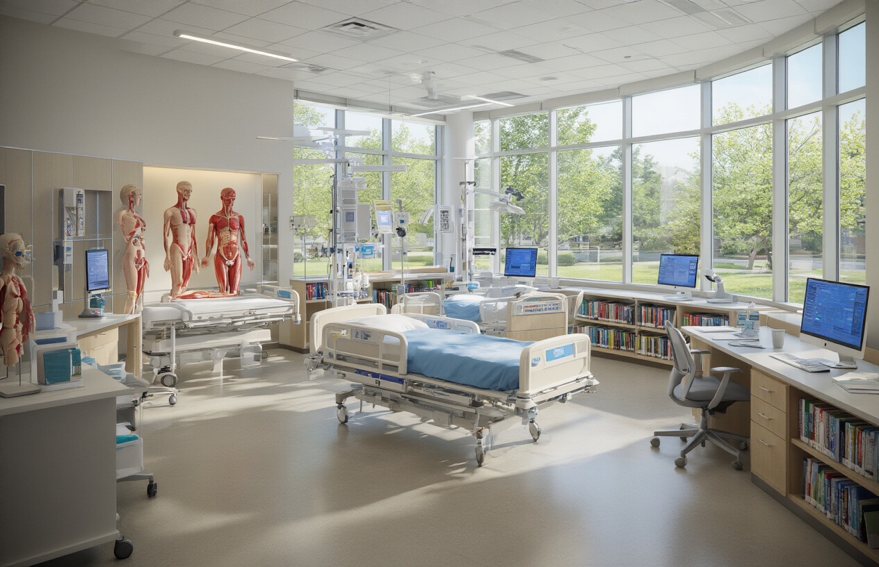 Create a realistic image of a modern nursing college facility showcasing advanced medical equipment including hospital beds with electronic monitors, anatomical models on display tables, microscopes in a bright laboratory setting, computer workstations with medical software, a well-stocked library with nursing textbooks and journals, simulation manikins for practice, medical supplies organized on shelves, and spacious classrooms with interactive whiteboards, all captured in bright natural lighting streaming through large windows creating a professional healthcare education environment, absolutely NO text should be in the scene.