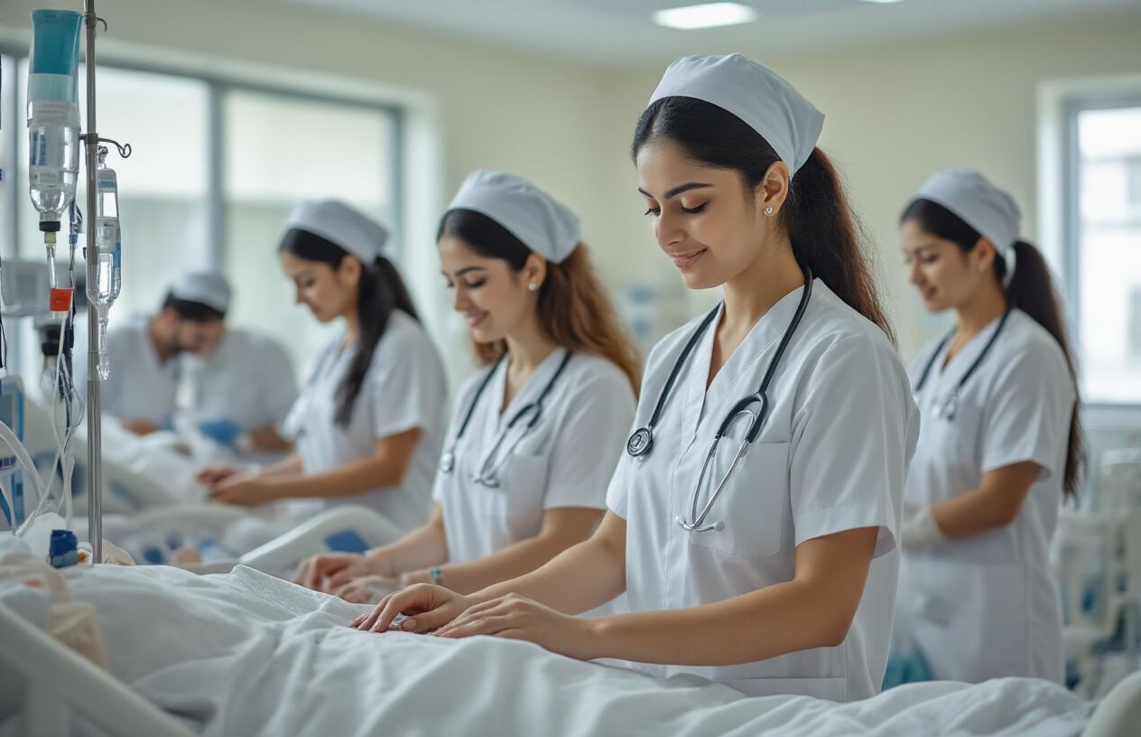 Create a realistic image of nursing students and instructors in a hospital clinical setting in Islamabad, showing diverse male and female students of Pakistani ethnicity wearing white nursing uniforms and stethoscopes, practicing hands-on patient care skills under supervision of experienced nurses, with medical equipment like IV stands and patient beds visible in a bright, clean hospital ward environment with natural lighting from large windows. Absolutely NO text should be in the scene.