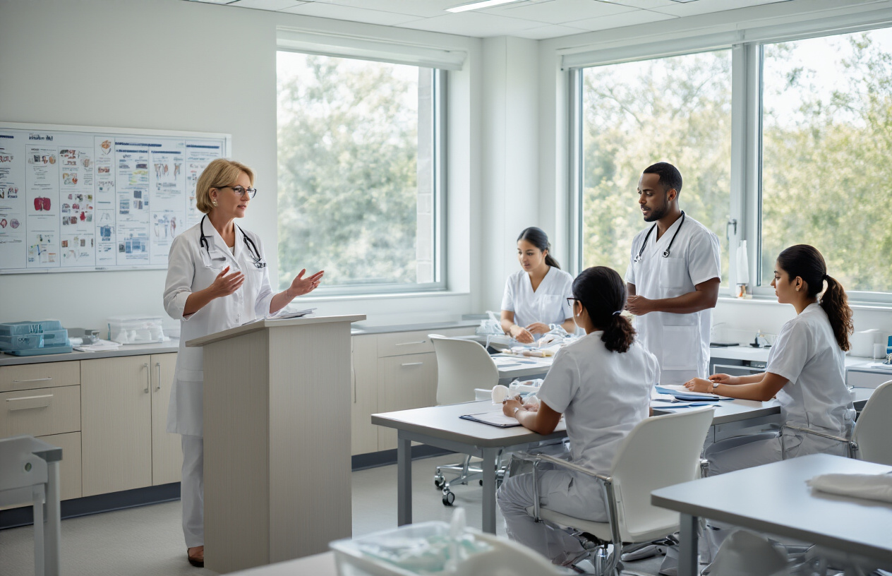 Create a realistic image of a modern nursing college classroom with diverse faculty members including a middle-aged white female professor in professional attire teaching at the front, and a black male instructor assisting South Asian female nursing students in white uniforms practicing with medical equipment, featuring bright natural lighting from large windows, clean white walls with educational medical charts, modern desks and chairs, stethoscopes and medical training models visible, creating a supportive and professional educational atmosphere, absolutely NO text should be in the scene.