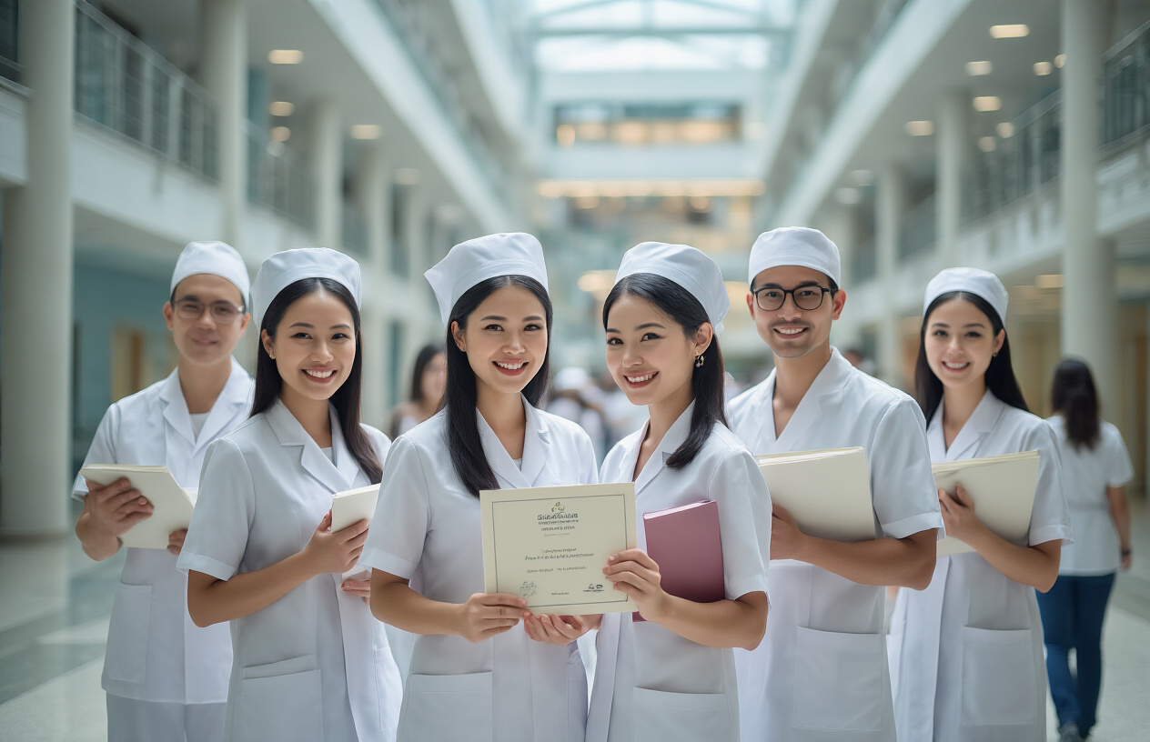 Create a realistic image of diverse nursing graduates in white uniforms and caps celebrating their success, including Asian female and male nurses holding diplomas, with a modern hospital or healthcare facility in the background, bright natural lighting creating an optimistic and professional atmosphere, showing achievement and career readiness in the healthcare field, absolutely NO text should be in the scene.