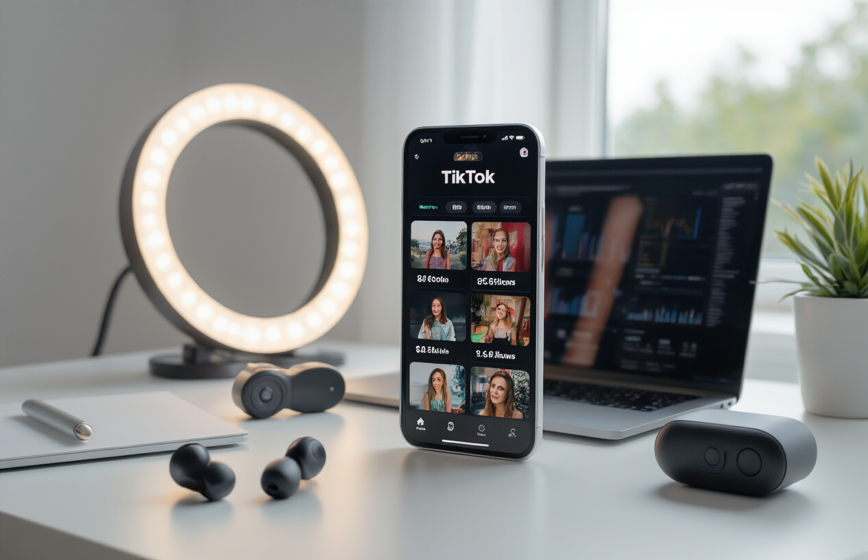 Create a realistic image of a smartphone screen displaying TikTok analytics dashboard with multiple viral video thumbnails showing millions of views and engagement metrics, surrounded by modern tech accessories like ring lights, wireless earbuds, and a laptop on a clean white desk, with soft natural lighting from a window creating a professional content creator workspace atmosphere, absolutely NO text should be in the scene.
