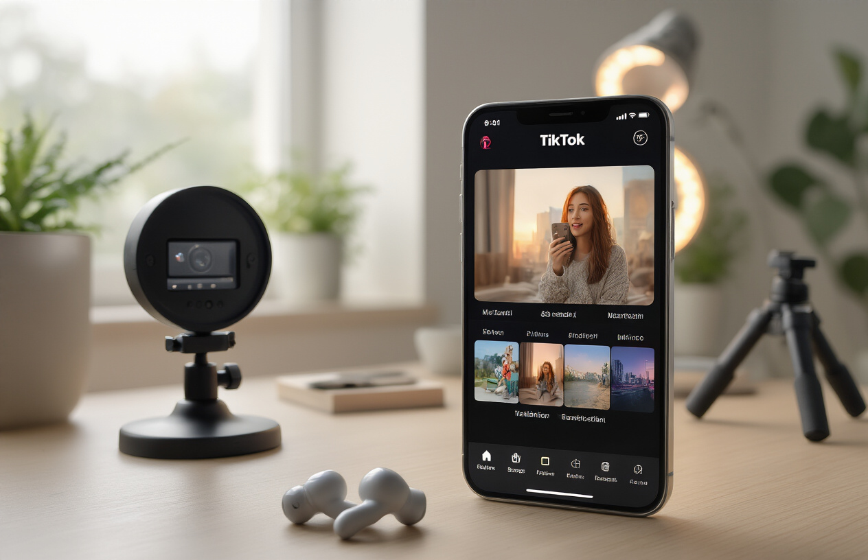 Create a realistic image of a smartphone displaying a TikTok video editing interface with timeline, filters, and transition effects visible on the screen, placed on a modern desk with wireless earbuds, ring light, and tripod in the background, clean minimalist workspace with soft natural lighting from a window, warm and productive atmosphere, absolutely NO text should be in the scene.