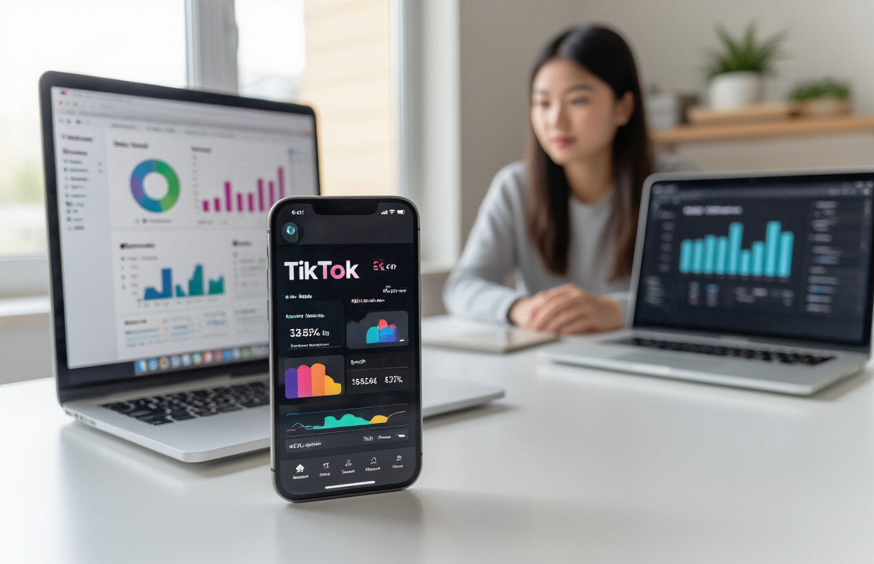 Create a realistic image of a modern smartphone displaying TikTok analytics dashboard with colorful graphs, charts and engagement metrics on the screen, placed on a clean white desk next to a laptop computer showing social media scheduling tools, with a young Asian female content creator sitting in the background slightly out of focus, warm natural lighting from a window, professional home office setting with minimal decor, absolutely NO text should be in the scene.