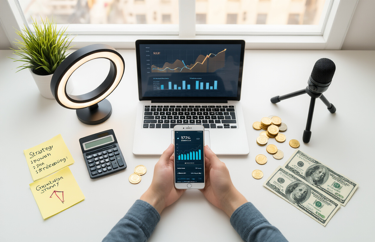 Create a realistic image of a modern workspace desk from above showing budget-friendly tech tools for social media growth including a smartphone displaying analytics graphs, a basic ring light, a simple tripod, sticky notes with growth strategy ideas, a calculator, coins and dollar bills scattered around, a laptop screen showing upward trending arrows, and various affordable content creation accessories like a small microphone and phone holder, all arranged on a clean white desk surface with warm natural lighting from a window, creating an organized and inspiring mood for content creators on a budget, absolutely NO text should be in the scene.