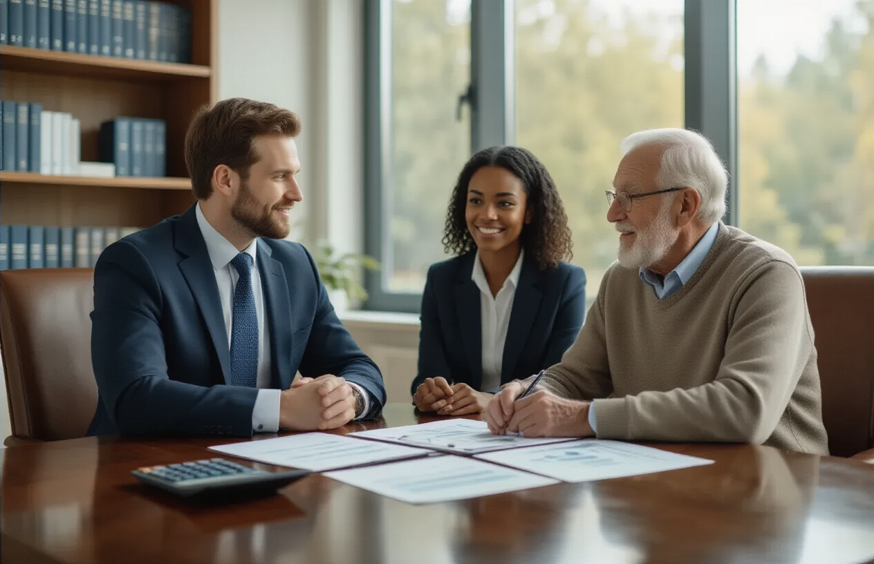Create a realistic image of a diverse group of people including a white male financial advisor in a professional suit sitting across from a young black female and an elderly white male at a polished wooden desk, with life insurance policy documents, calculators, and informational brochures spread on the desk surface, set in a modern office environment with soft natural lighting from large windows, bookshelves with financial guides in the background, creating a professional and educational atmosphere. Absolutely NO text should be in the scene.