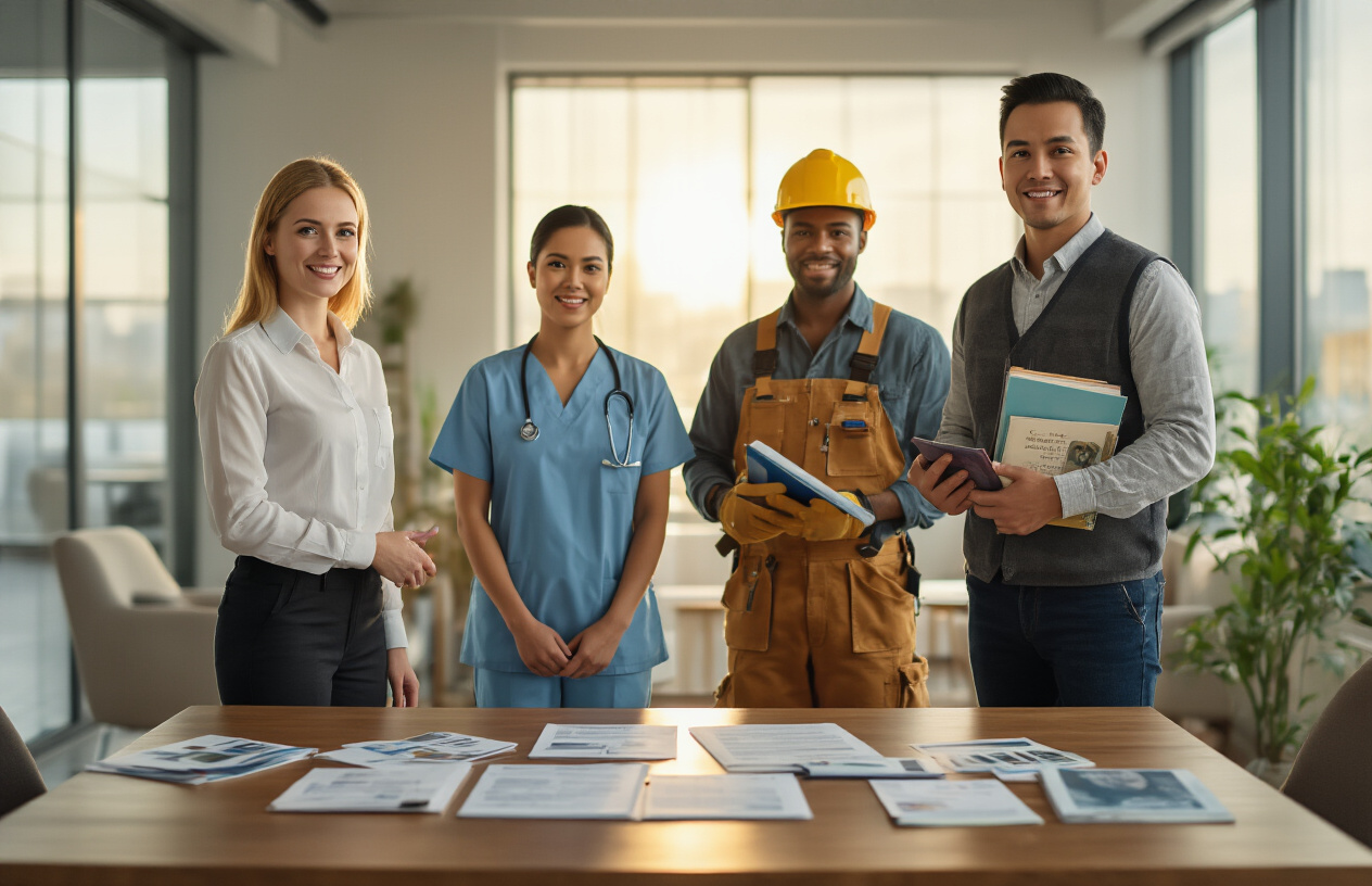 Create a realistic image of diverse people from different walks of life standing in a modern office setting, including a white female professional in business attire, a black male construction worker in work clothes, an Asian female doctor in medical scrubs, and a Hispanic male teacher holding books, with various life insurance policy documents and pamphlets displayed on a sleek wooden table in the foreground, soft natural lighting coming through large windows creating a warm and welcoming atmosphere, absolutely NO text should be in the scene.