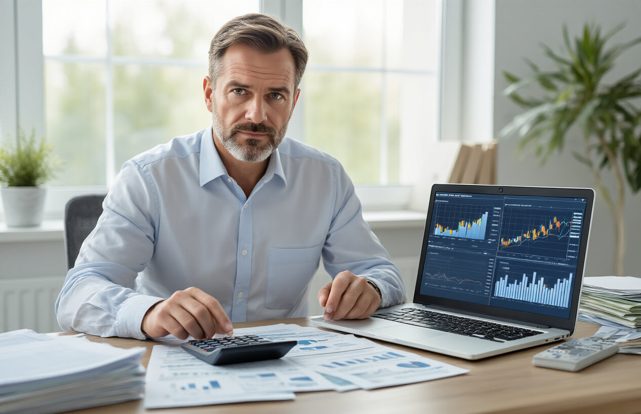 Create a realistic image of a middle-aged white male in a business shirt sitting at a modern desk with a calculator, insurance policy documents, and a laptop computer displaying financial charts and graphs, surrounded by neat stacks of bills and financial papers, with a clean office background featuring soft natural lighting from a window, conveying a focused and analytical atmosphere as he calculates insurance coverage amounts, absolutely NO text should be in the scene.