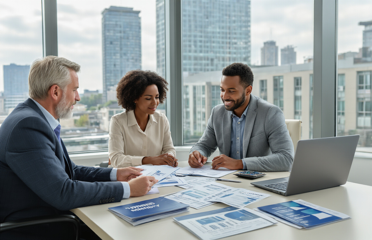 Create a realistic image of a professional middle-aged white male financial advisor sitting at a modern office desk with multiple life insurance company brochures and documents spread out, facing a diverse couple (black female and white male) who are reviewing paperwork together, with a calculator, laptop, and comparison charts visible on the desk, set in a bright contemporary office with large windows showing city buildings in the background, conveying a consultative and trustworthy atmosphere with natural lighting, absolutely NO text should be in the scene.
