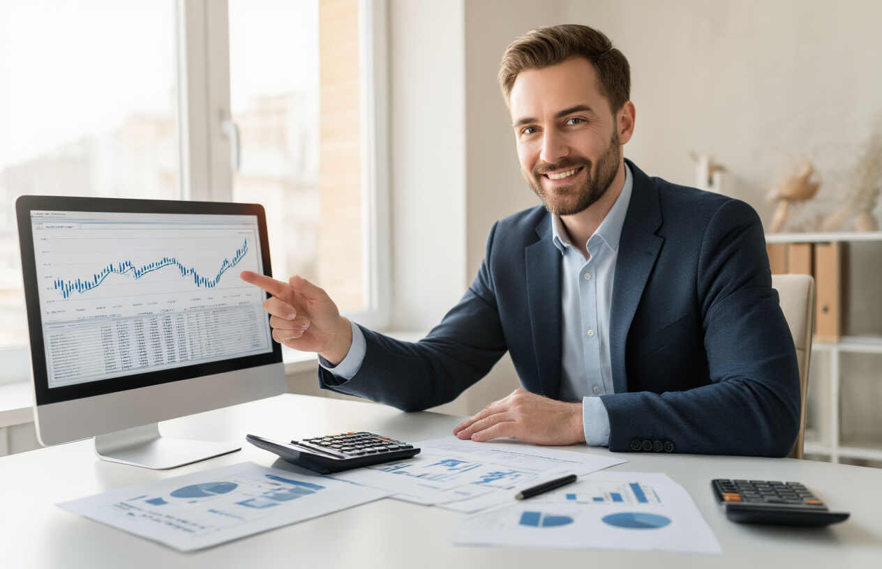 Create a realistic image of a professional white male financial advisor in his 30s sitting at a modern desk with a calculator, spreadsheets, and documents spread out, pointing to charts showing downward trending premium costs, with a confident and helpful expression, in a bright office setting with natural lighting from a window, warm and trustworthy atmosphere, absolutely NO text should be in the scene.