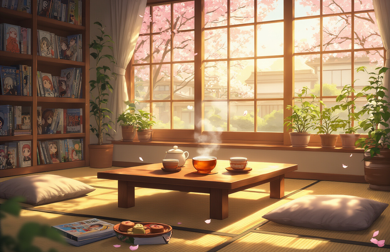 Create a realistic image of a cozy Japanese living room scene with warm afternoon sunlight streaming through large windows, featuring a low wooden table with steaming tea cups and traditional sweets, soft cushions scattered on tatami mats, a bookshelf filled with manga volumes, potted plants by the window, and cherry blossom petals gently floating in the golden light, creating a peaceful and heartwarming atmosphere that captures the essence of slice-of-life anime, absolutely NO text should be in the scene.
