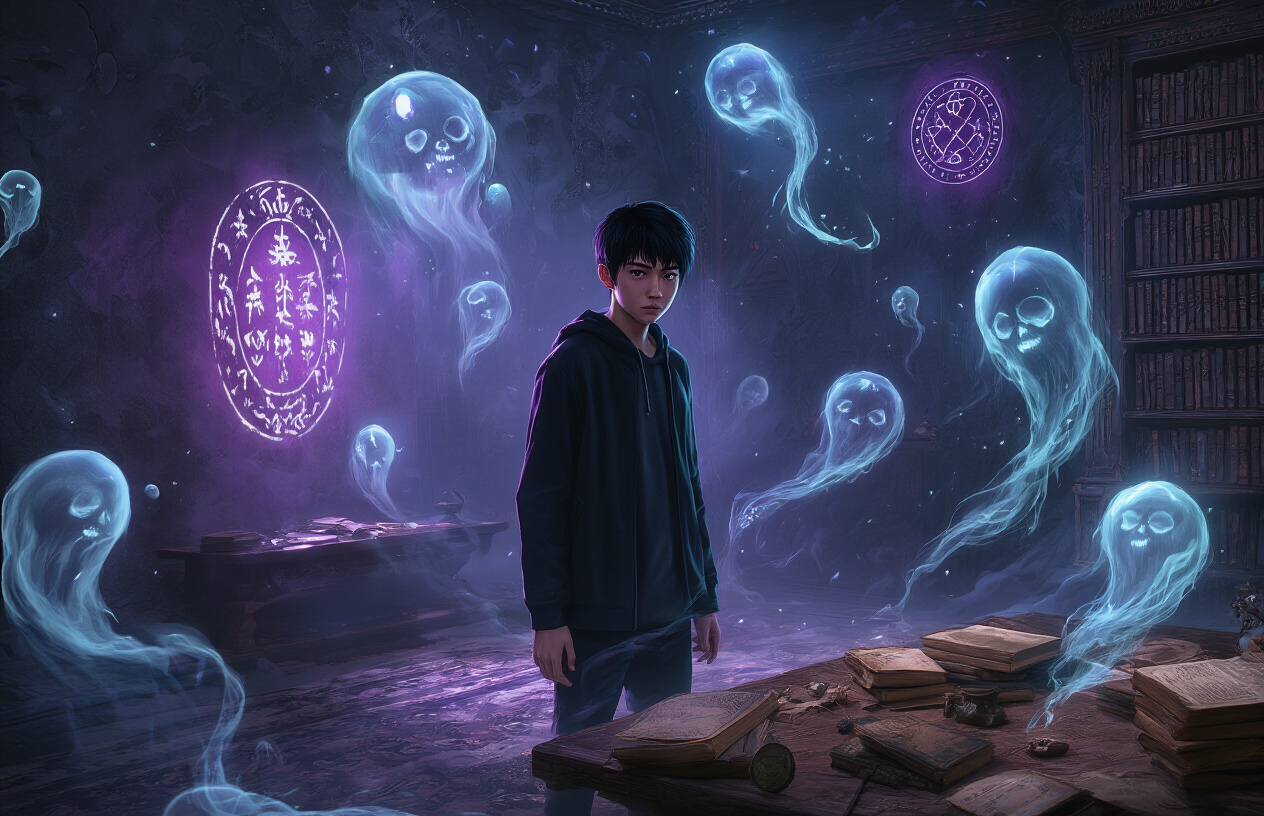 Create a realistic image of a mysterious supernatural scene with a young Asian male character in dark clothing standing in a shadowy room filled with floating ethereal orbs and ghostly wisps, ancient mystical symbols glowing faintly on the walls, dramatic lighting with purple and blue hues casting eerie shadows, scattered old books and arcane objects on a wooden table, a sense of anticipation and mystery in the atmosphere, cinematic composition that suggests hidden secrets are about to be revealed, absolutely NO text should be in the scene.