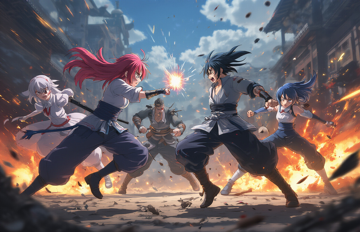 Create a realistic image of high-quality anime action scene featuring dynamic fighting poses with multiple anime characters in mid-combat, showcasing fluid motion blur effects, detailed character designs with vibrant colors, dramatic lighting with intense shadows and highlights, explosions and energy effects in the background, cinematic composition with depth of field, professional animation studio quality artwork style, absolutely NO text should be in the scene.