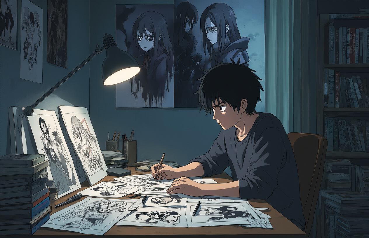 Create a realistic image of a dimly lit room with a young Asian male sitting at a desk intensely focused on multiple anime storyboards and character sketches scattered across the surface, psychological thriller anime artwork visible on the wall behind him showing dark mysterious characters with shadowy expressions, a single desk lamp casting dramatic lighting creating strong shadows, books about psychology and thriller genres stacked nearby, the atmosphere should feel mysterious and thought-provoking with muted colors and moody lighting, absolutely NO text should be in the scene.