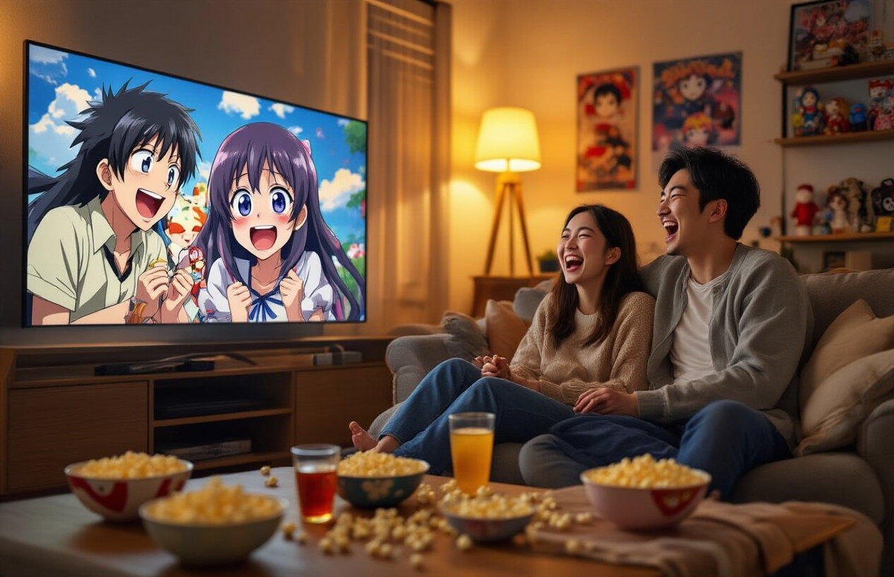 Create a realistic image of a cozy living room scene with an Asian male and female sitting on a comfortable couch laughing heartily while watching anime on a large TV screen, with colorful anime characters visible on the screen displaying exaggerated comedic expressions, scattered popcorn bowls and drinks on a coffee table, warm ambient lighting from table lamps creating a relaxed evening atmosphere, anime merchandise like figurines and posters visible on shelves in the background, both viewers showing genuine joy and entertainment on their faces, absolutely NO text should be in the scene.