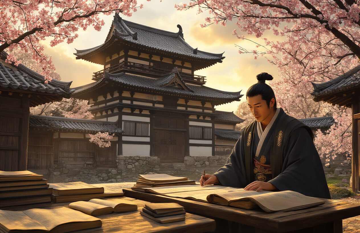 Create a realistic image of an ancient Japanese castle with traditional architecture during the Edo period, featuring detailed wooden structures with curved rooftops and ornate details, surrounded by cherry blossom trees in full bloom, with an Asian male historian in traditional scholarly robes examining historical scrolls and documents spread on a wooden table, ancient books and research materials scattered around, warm golden sunlight filtering through the scene creating dramatic shadows, peaceful and scholarly atmosphere suggesting deep historical research, absolutely NO text should be in the scene.