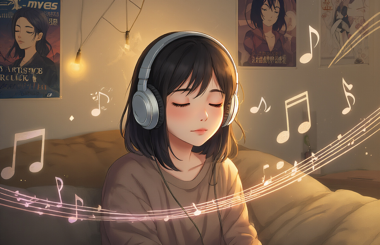 Create a realistic image of a young Asian female with headphones on, eyes closed in peaceful expression, sitting in a cozy room with soft ambient lighting, surrounded by floating musical notes and sound waves in the air, with anime posters subtly visible on the walls in the background, warm golden lighting creating a serene atmosphere that conveys emotional connection to music, absolutely NO text should be in the scene.