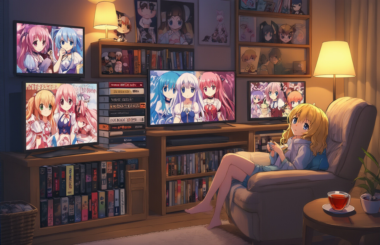 Create a realistic image of a cozy room setup with multiple anime DVD cases or streaming device screens displaying colorful anime artwork from short series, a comfortable viewing chair with soft lighting from a table lamp, anime figurines and posters on shelves in the background, warm ambient lighting creating an inviting atmosphere for binge-watching, with a cup of tea or coffee on a side table, absolutely NO text should be in the scene.