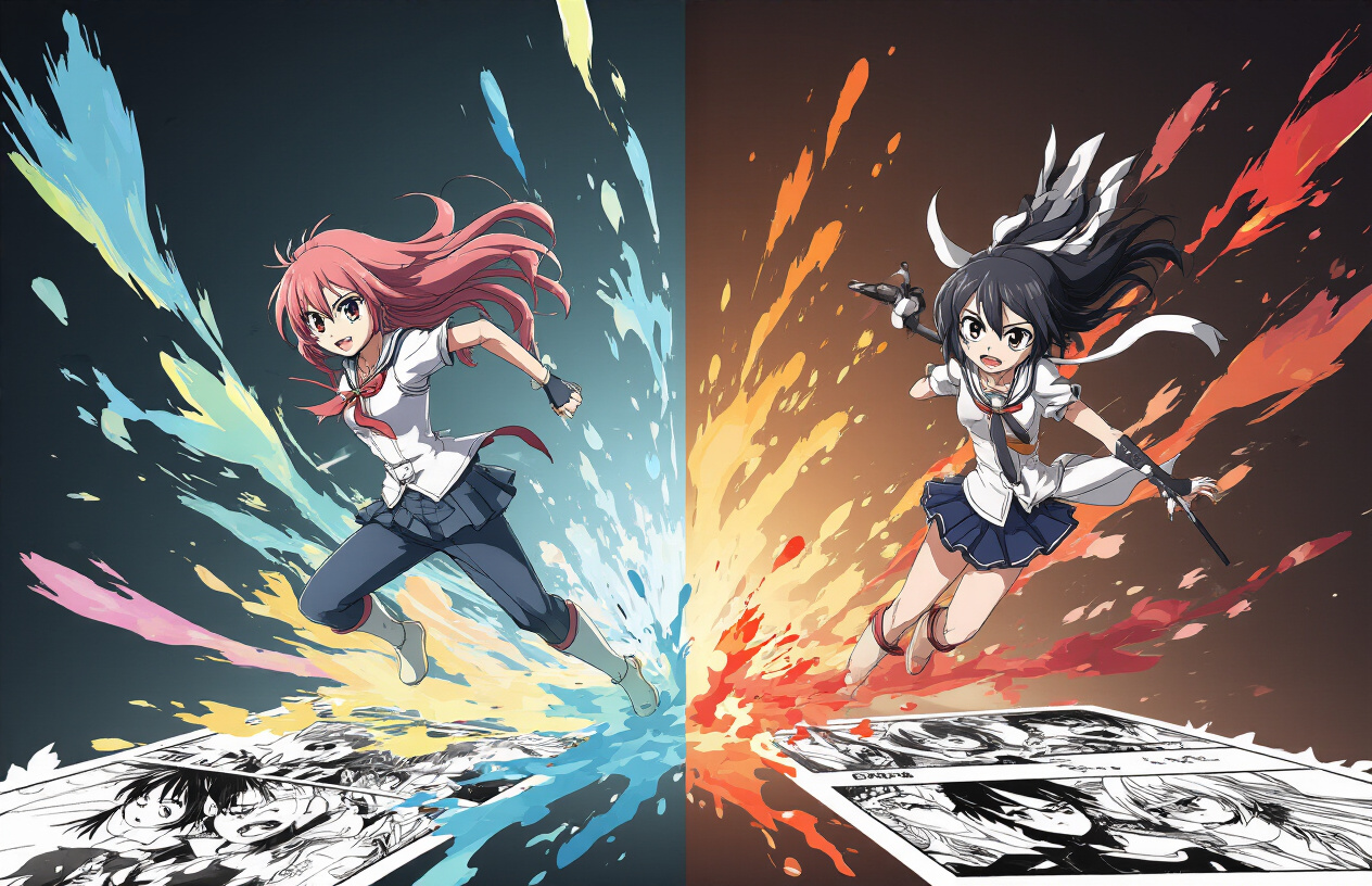 Create a realistic image of a split-screen composition showing the transformation from manga pages to animated scenes, with colorful anime characters mid-action on one side and black and white manga panels on the other side, connected by flowing artistic elements like paint strokes or light rays, set against a dark gradient background with warm spotlight lighting creating dramatic contrast, absolutely NO text should be in the scene.