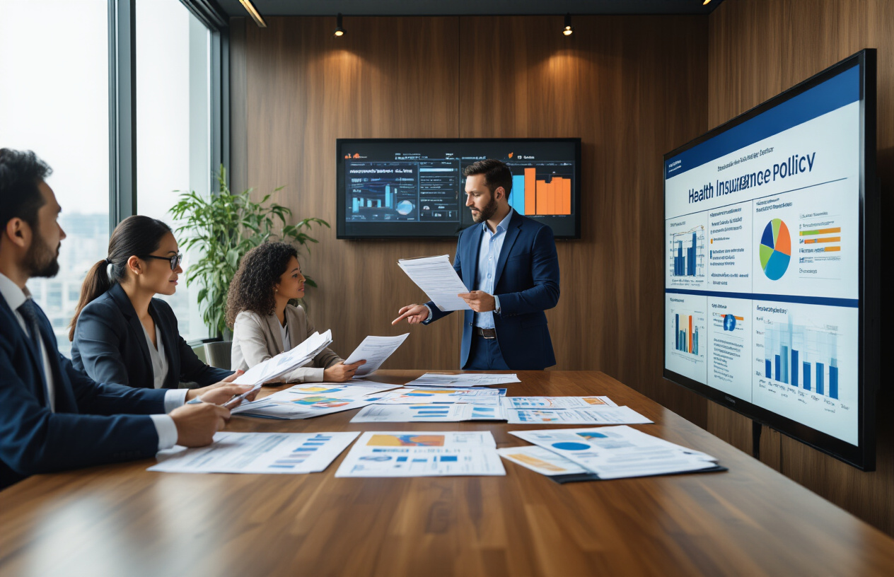 Create a realistic image of a modern office conference room with a large wooden table displaying scattered health insurance policy documents, colorful charts showing coverage comparisons, and official government forms, with a diverse group including a white male insurance advisor in a navy suit pointing to policy changes on a wall-mounted digital display, a black female client reviewing documents, and an Asian male executive taking notes, warm professional lighting illuminating the scene through large windows, creating a serious yet collaborative atmosphere focused on healthcare policy discussions, absolutely NO text should be in the scene.