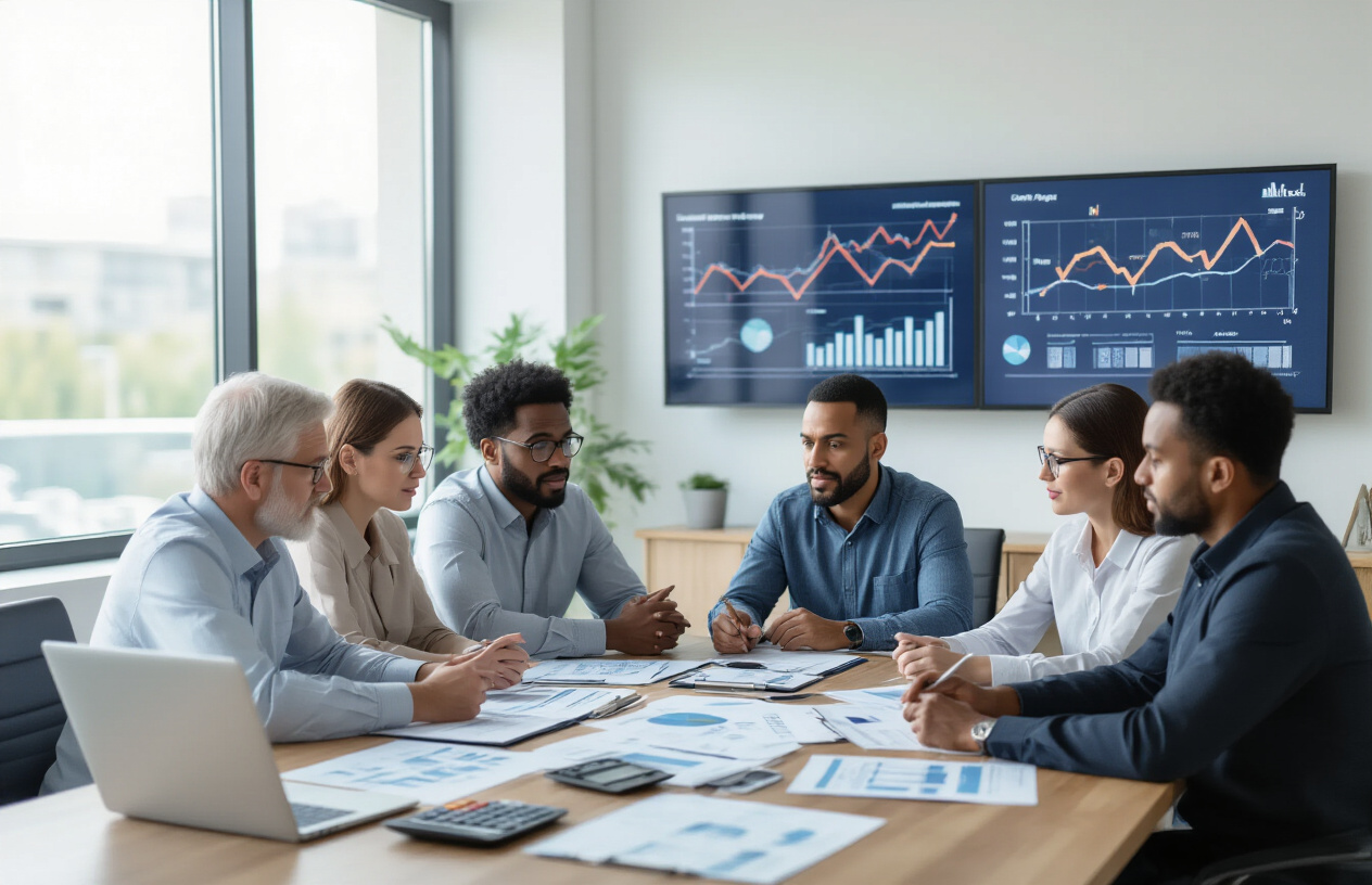 Create a realistic image of a diverse group of adults including white, black, and hispanic males and females sitting around a modern conference table covered with healthcare documents, calculators, and budget spreadsheets, with concerned expressions as they review rising medical costs, set in a bright contemporary office with natural lighting from large windows, featuring charts and graphs on wall displays showing upward trending healthcare expenses, with laptops open displaying budget analysis software, conveying a serious and analytical mood about financial planning for health insurance changes, absolutely NO text should be in the scene.
