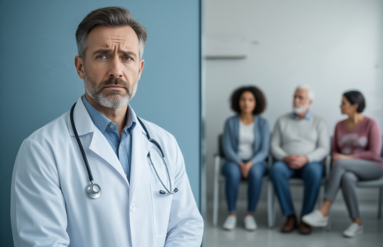 Create a realistic image of a split-screen composition showing a white male doctor in a white coat looking concerned on one side and a diverse group of patients (including a black female, white male elderly, and Hispanic female) sitting in a waiting room on the other side, with a subtle barrier or gap between them suggesting network access challenges, soft indoor lighting with a clinical atmosphere, modern medical office setting with muted blues and grays, absolutely NO text should be in the scene.