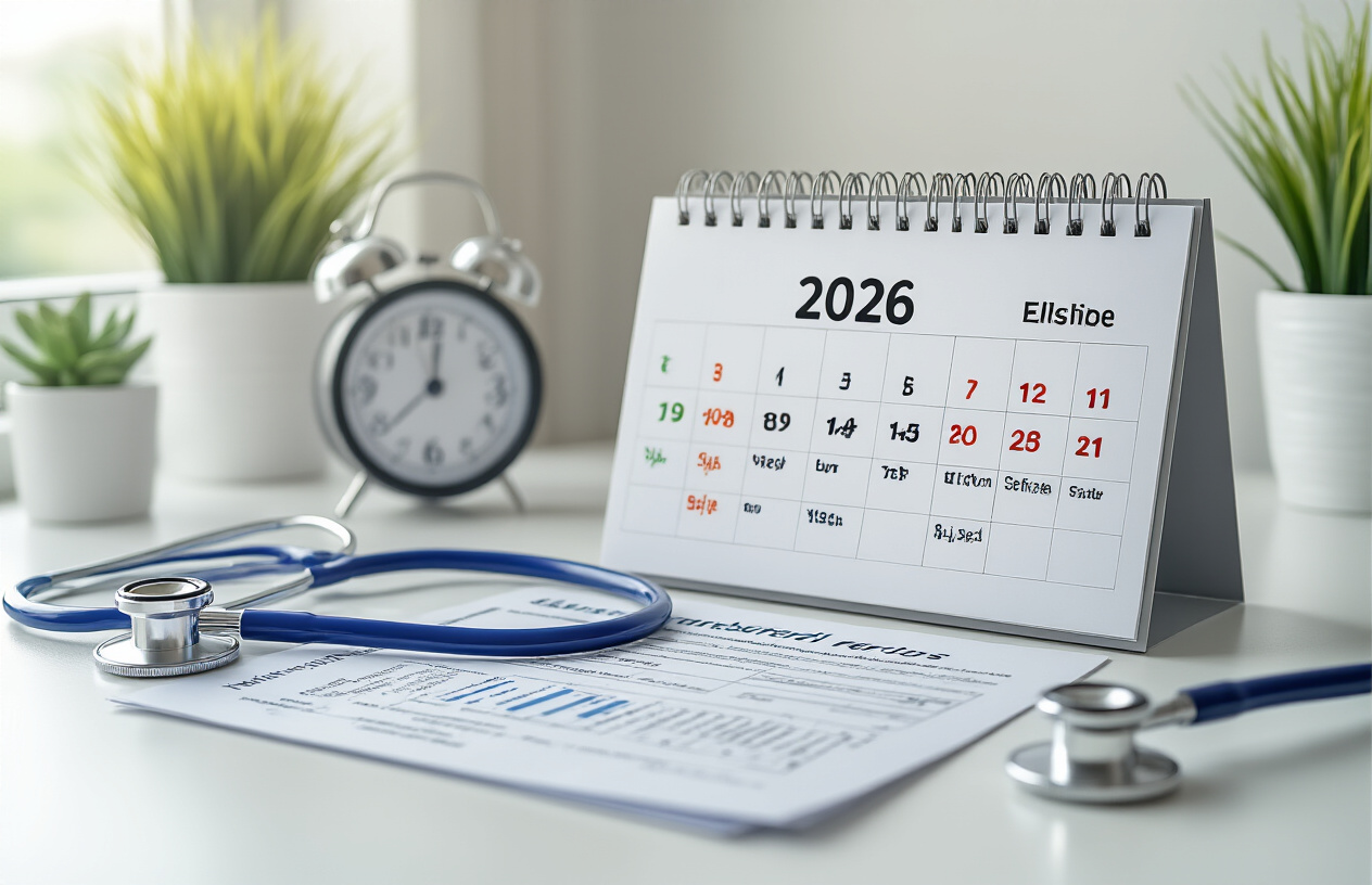 Create a realistic image of a modern calendar displaying 2026 with highlighted enrollment periods in different colors, surrounded by healthcare-related items like a stethoscope, health insurance documents, and a clock showing different times, set on a clean white desk with soft natural lighting from a window, conveying organization and time-sensitive planning. Absolutely NO text should be in the scene.