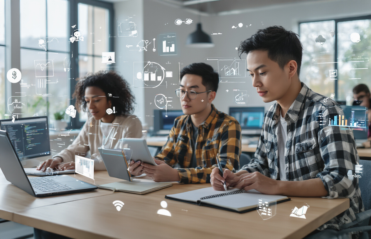 Create a realistic image of a diverse group of people sitting at desks with laptops and notebooks in a modern learning environment, featuring a young black female focused on coding on her laptop screen, an Asian male practicing digital design with a tablet and stylus, and a white female taking notes while watching an online course, surrounded by floating digital icons representing high-demand skills like programming symbols, design tools, data analytics charts, and digital marketing elements, set in a bright, contemporary co-working space with natural lighting from large windows, conveying an atmosphere of focused learning and skill development, absolutely NO text should be in the scene.