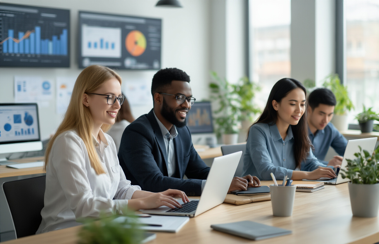Create a realistic image of a diverse group of professionals including a white female, black male, and Asian female sitting at modern desks with laptops and notebooks, engaged in online learning activities in a bright, contemporary office or co-working space with large windows showing natural daylight, plants on desks, and professional development charts or graphs visible on wall monitors in the background, conveying a focused and motivated learning atmosphere. Absolutely NO text should be in the scene.