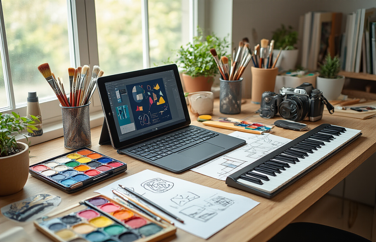 Create a realistic image of a diverse workspace scene showing creative tools and materials spread across a modern desk including a digital tablet with stylus, paintbrushes, color palette, camera, musical keyboard, and design sketches, with soft natural lighting from a window creating an inspiring and productive atmosphere that represents skill development and creative growth, absolutely NO text should be in the scene.