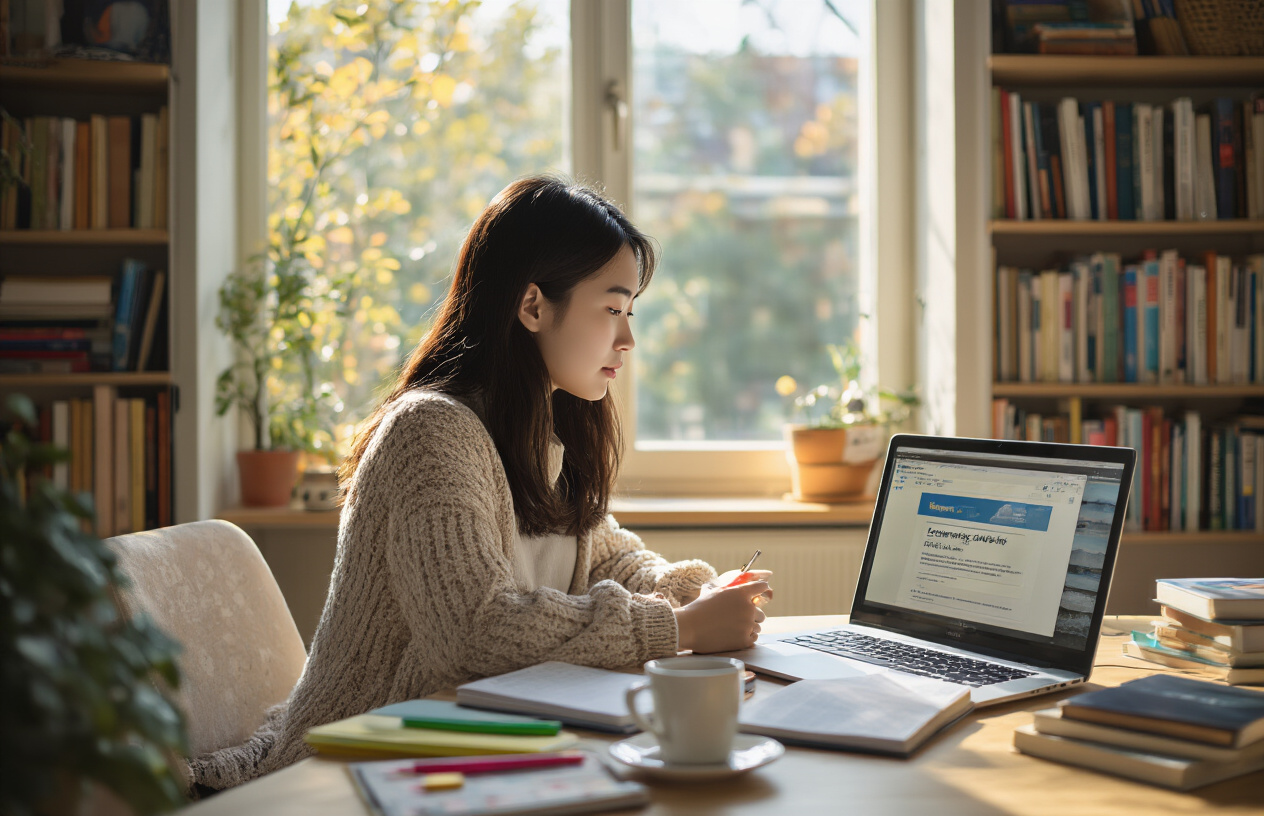 Create a realistic image of a focused Asian female student sitting at a modern desk with an open laptop displaying an online course interface, surrounded by organized study materials including notebooks, highlighters, and a coffee cup, with a bookshelf filled with educational books in the background, warm natural lighting coming through a window, creating a productive and motivating learning environment that emphasizes achievement and progress, absolutely NO text should be in the scene.