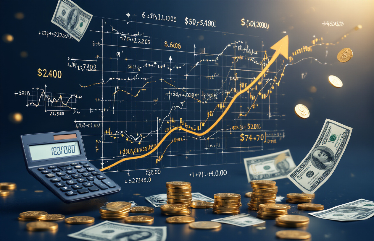 Create a realistic image of mathematical formulas, charts, and graphs floating in a sophisticated dark blue background with golden numerical calculations showing compound interest curves, investment growth trajectories, and savings accumulation patterns, featuring calculators, coins, and dollar bills scattered around the mathematical elements, with soft ambient lighting highlighting the numerical data and creating a professional financial analysis atmosphere, absolutely NO text should be in the scene.