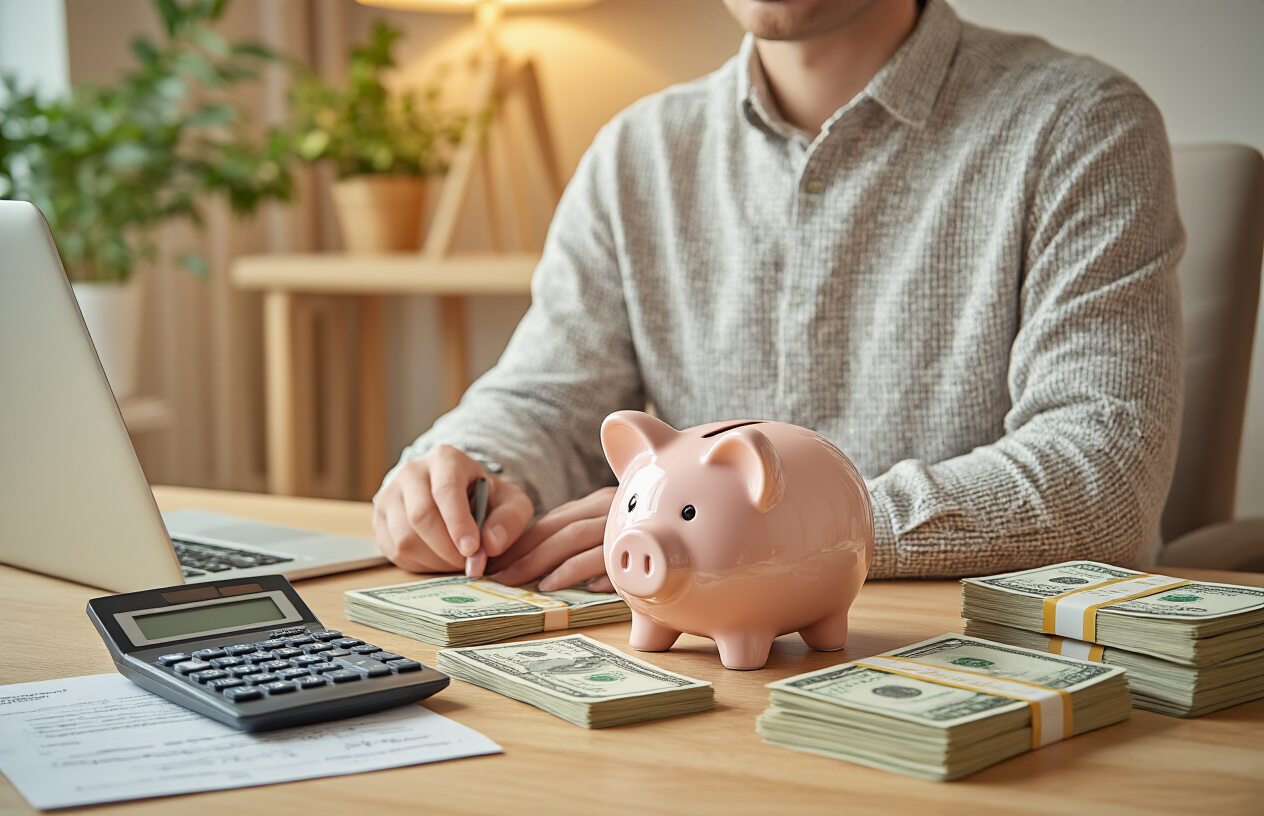 Create a realistic image of a person sitting at a clean wooden desk with a traditional piggy bank, neat stacks of cash bills, a savings account passbook, and a calculator, surrounded by symbols of financial security like emergency fund documents and insurance papers, in a well-lit home office setting with warm, reassuring lighting that conveys stability and peace of mind, absolutely NO text should be in the scene.
