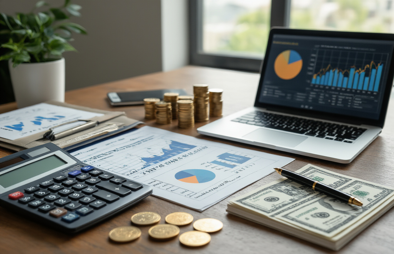 Create a realistic image of a professional workspace showing financial planning materials including investment charts, savings account statements, and calculator spread across a modern desk, with a laptop displaying financial graphs and pie charts, complemented by a notepad with handwritten financial goals, stack of coins, and dollar bills arranged neatly, set against a clean office background with natural lighting from a window, conveying a focused and organized atmosphere for wealth building strategy, absolutely NO text should be in the scene.