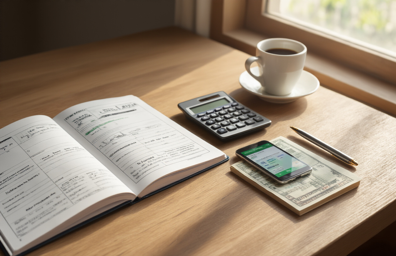 Create a realistic image of a close-up view of a clean wooden desk with an open notebook showing financial tracking pages, a calculator, a smartphone displaying a banking app, a cup of coffee, and a pen, with soft natural lighting from a window creating a calm and organized atmosphere that suggests a productive 15-minute daily money management routine, absolutely NO text should be in the scene.