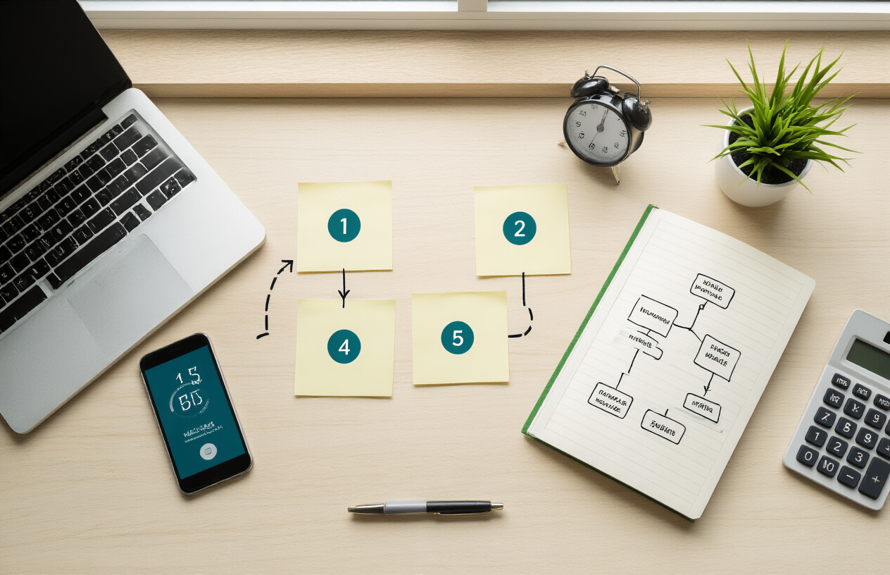 Create a realistic image of a clean, organized desk from above showing a step-by-step visual process laid out with numbered sticky notes (1, 2, 3, 4, 5) arranged in a clear sequence, a smartphone with a timer app displaying 15 minutes, an open notebook with a simple flowchart diagram, a pen placed beside the notebook, and a calculator nearby, all arranged on a light wooden surface with soft natural lighting from a window, creating a professional and approachable atmosphere that suggests an easy-to-follow financial planning process, absolutely NO text should be in the scene.