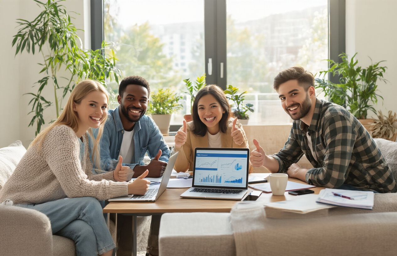 Create a realistic image of diverse group of happy people including a white female, black male, Asian female, and Hispanic male sitting around a modern coffee table with laptops, smartphones, and notebooks showing financial charts and graphs, celebrating their success with genuine smiles and thumbs up gestures, in a bright contemporary living room with natural lighting streaming through large windows, plants in the background, warm and inspiring atmosphere conveying achievement and positive transformation, absolutely NO text should be in the scene.