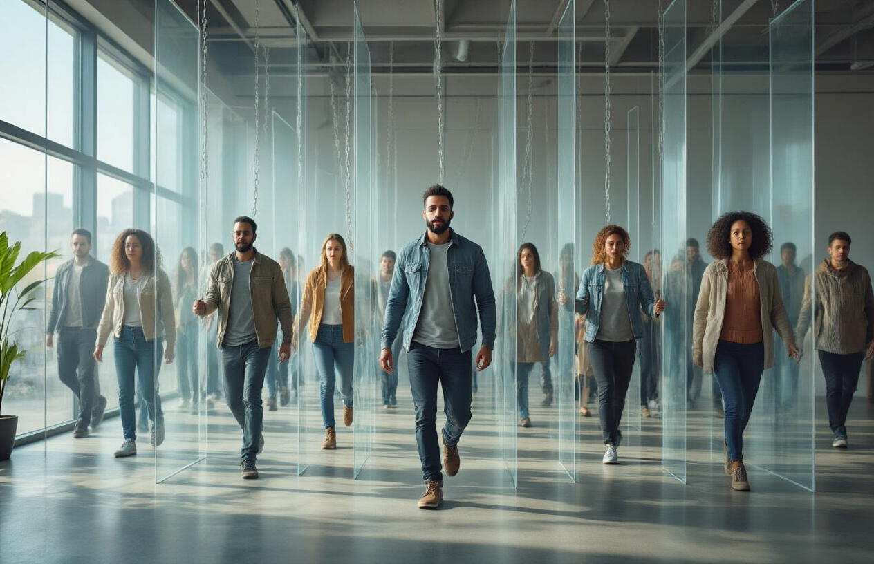 Create a realistic image of a diverse group of people breaking through invisible mental barriers represented by translucent glass walls or chains, with some individuals already moving forward confidently while others are still hesitating, set in a modern minimalist space with soft natural lighting from large windows, conveying a sense of breakthrough and personal transformation, with facial expressions showing determination and relief, absolutely NO text should be in the scene.
