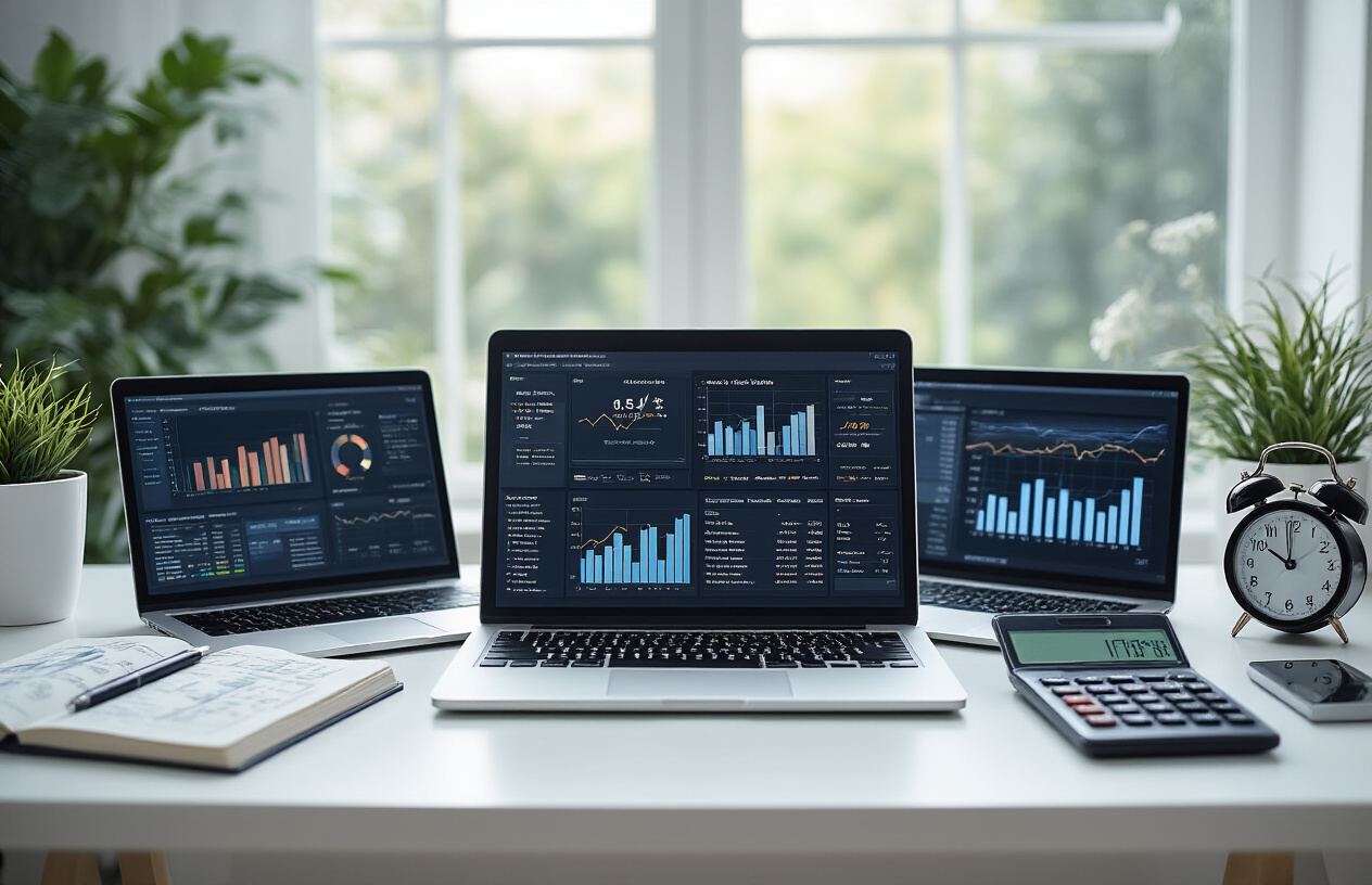 Create a realistic image of a modern workspace desk with advanced financial planning tools including multiple open laptops displaying charts and graphs, a smartphone with a financial app interface, sophisticated calculators, investment books, a premium notebook with detailed financial notes, and a sleek timer showing 15 minutes, all arranged on a clean white desk with soft natural lighting from a window, creating a focused and productive atmosphere for advanced money management strategies, absolutely NO text should be in the scene.